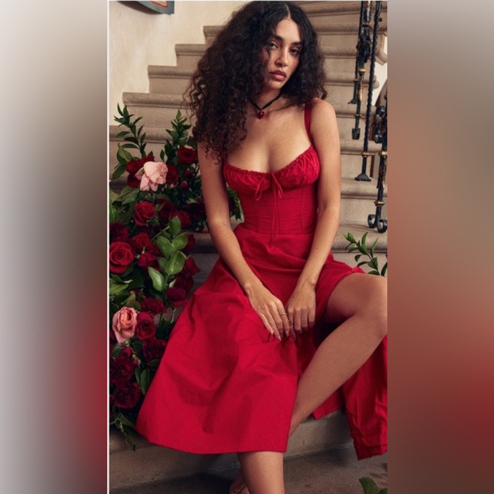 House of CB red Carmen midi flowy sun dress - Valentine’s Day outfit